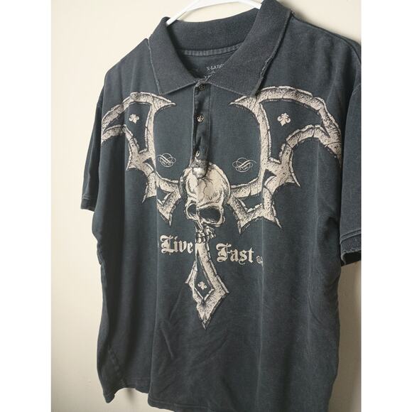 Affliction Live Fast Graphic Tee Polo Skull Wings Y2K Men's XL Black Vintage - Picture 2 of 8